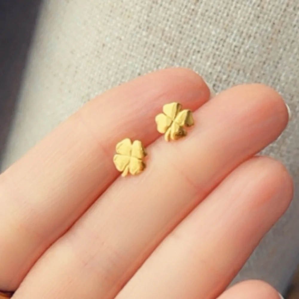 14k Gold Vermeil Shamrock Lucky Clover Stud Earrings
